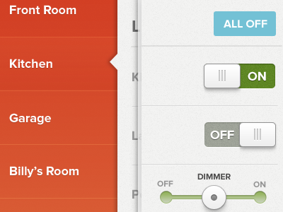 Home Automation App app colors home home automation ipad knobs off on sidebar toggle touch