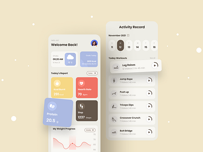 Fitness app design concept acivity analysis app design cards fitness graph gym health home mobile app record workout