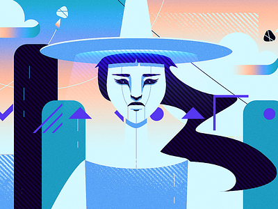 Futuristic Fancy Witch - Blue blue cute cyborg flat color illustration landscape portrait robot scifi vector witch woman
