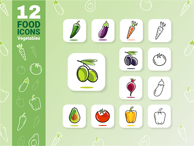 Food icons vegetables for App, set of 12 art branding design food icons illustration poster typography vector