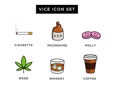 Vice Icon Set alcohol cigarette coffee drugs flat design icon iconography molly moonshine vice weed whiskey