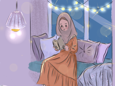Muslim Girl Reading a Book bedtime book girl illustration lamp light muslim night reading sitting stories