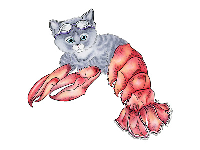 The Little Prrrmaid illustration kitten lobster watercolor