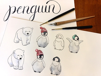 Penguins and Polar Bears cute hand lettering illustration ink lettering penguin polar bear script watercolor