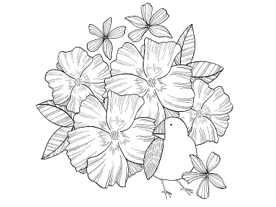 Botanical Bird bird blackandwhite botanical dippen floral flowers illustration ink kidlit lineart penandink