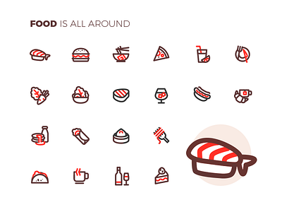 Food is all around cake drink food icons noodle salad sushi