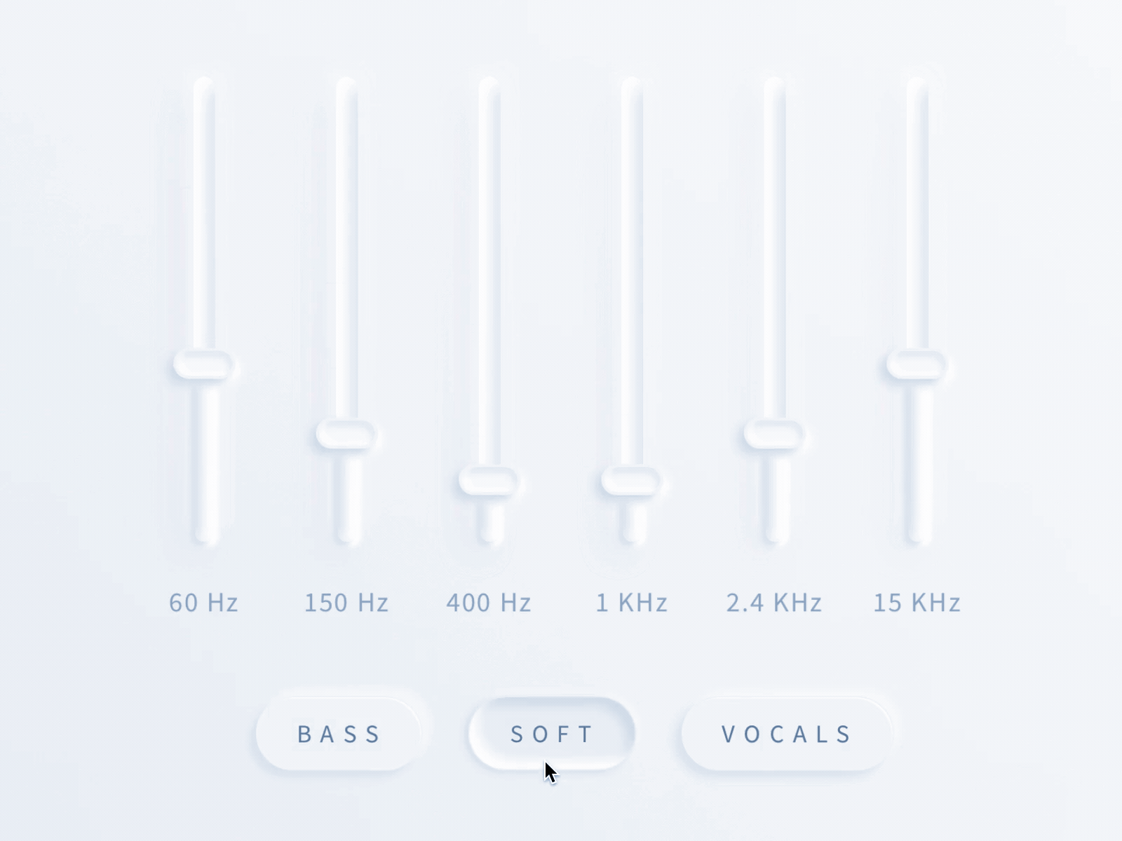 Soft Audio Equalizer Presets 2020 animation audio clean css design equalizer framer interaction light microinteraction minimal motion music neumorphic neumorphism shadows soft ui ux