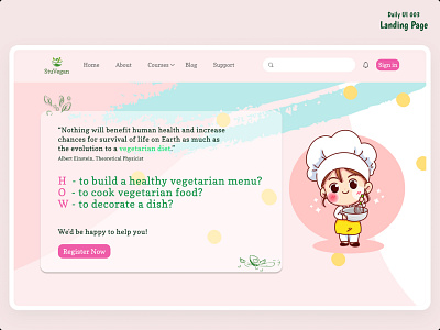 Daily UI #003 - Landing page: Vegetarian cooking 003 beautiful challenge chef girl cooking cute dailyui dailyui003 landing page pink background ui uidesign vegan vegetarian