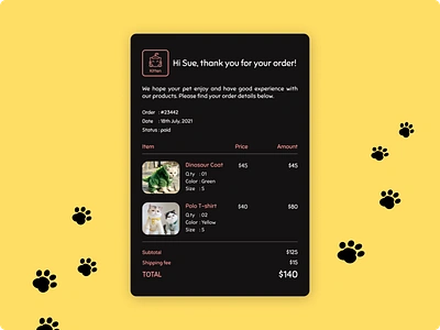 Daily UI #017 - Email receipt 17 beautiful black cart cat challenge clothes cute daily design footprint kitten logo pet pink shop shopping total ui yellow