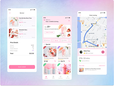 Take away Coffee App - Cart, Categories, Tracking screens app cafe cart category coffee couple cute delivery design menu mobile nice order pink romantic sweet take away tracking ui ux