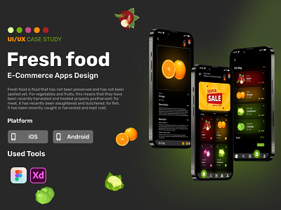 Fresh Food E-Commerce Apps UI/UX CASE STUDY app app design colorful cryptocurrency design figma flat minimal mobile app modern ui ui design ui ux case study uiux user experience user interface ux web design wix wordpress