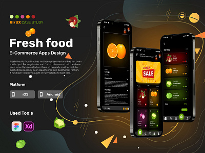 Fresh Food E-Commerce Apps UI/UX CASE STUDY adobe xd app app design colorful cryptocurrency figma flat minimal mobile app modern ui ui design ui ux case study user experience user interface ux web web design wix wordpress