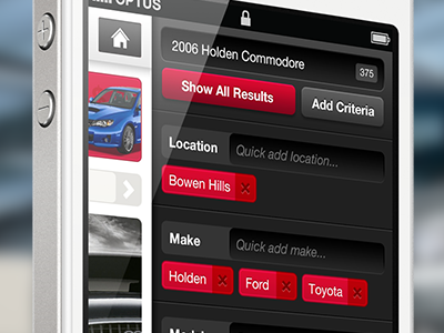 Search Criteria automotive buttons cars form iphone mobile search slide stacked tags ui
