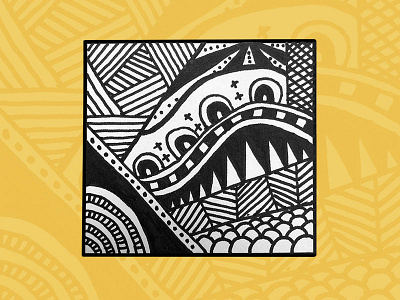 Doodle Monster black and white bw doodle geometric hand drawn ink line art paper yellow