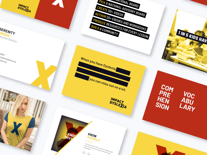 Impact Dyslexia Brand Elements redacted blackout disability collateral marketing mark t-shirt black superhero stacked type red yellow letter x x cards brand elements branding brand dyslexia