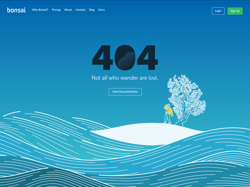 Bonsai 404 Page 404 404 page after effects animated animation blue bodymovin island line art lottie mangrove tree waves web web design website
