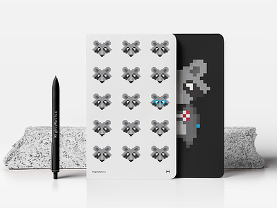 Merch for MightyMatics art company it mascot merch notebook pen pixel raccoon racoon sketchpad