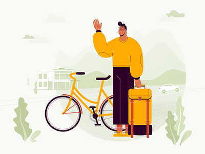 Hello, world! backpack bicycle bike flat graphics guy illustration man orange tourist travel traveler traveling travelling