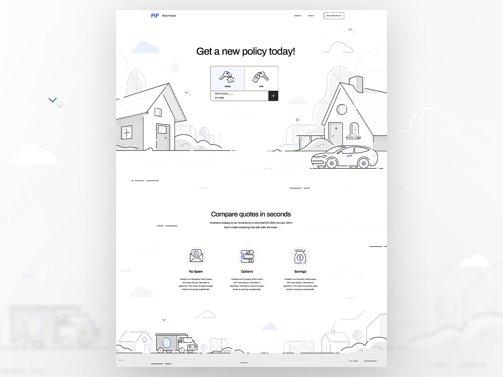 Get a new policy today! buildings car city cityscape flat house icon icon design illustration landscape line art linework page page design page layout policy rate ui ux vector