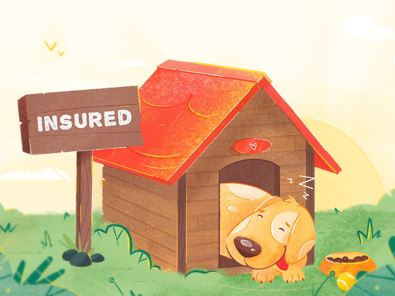 Insured sunset ball sign house home landscape nature animal pet dog procreate advert advertisement health medicare insurance texture drawing character illustration