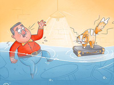 Oh no! caricature cat character character design drama drawing drowning elderly flooding fun guy home illustration insurance medicare pet procreate raster texture vector