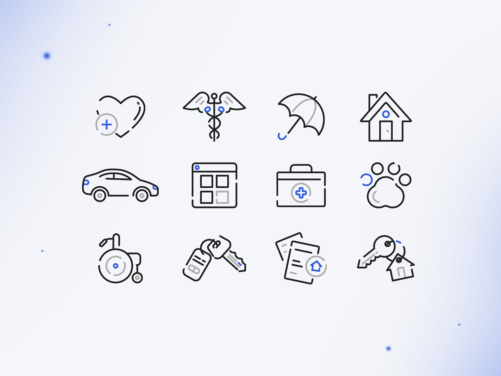 Insurance Icons animal car care coverage health house icon icon design illustration insurance life line art linework love medicare medication medigap pet rent vector