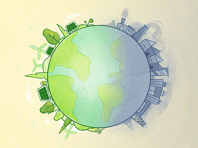 Renewable Energy dirty drawing earth eco friendly economy factory flat global warming green power illustration nature polution smoke solar energy solar panel sustainable texture vector wind turbines world