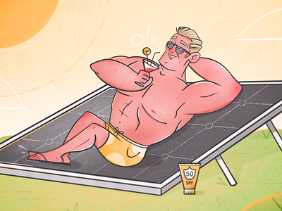 Don't forget your sunscreen! caricature character character design cocktail drawing dude funny guy illustration man muscle nature renewable energy solar panel solar power spf summer sun sun screen tanning
