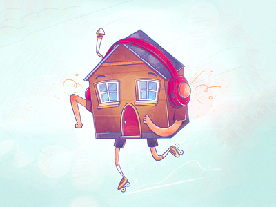 Insured Home bulding caricature character character design cool drawing flat funky groovy headphones home house illustration insurance music procreate roller skate texture vector window