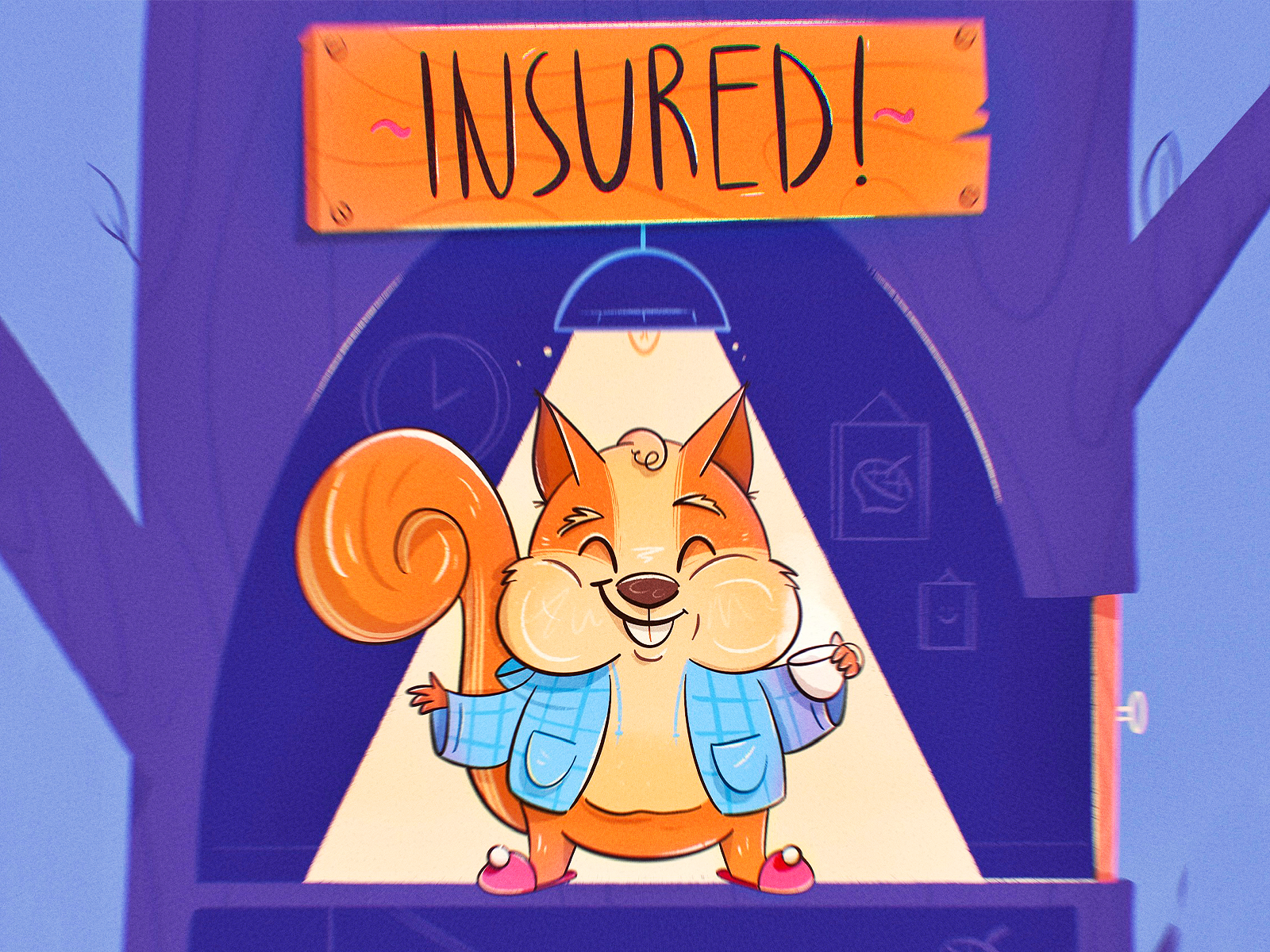 Insured! caricature characterdesign character acorn house coffee interior cute animal slippers cozy squirrel tree home insurance drawing illustration