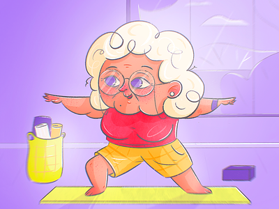 Yoga gran caricature character character design drawing fit gran grandma grandmother health illustration interiour medicare medigap retirement room shape sport sports vector yoga