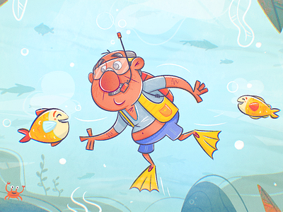 Scuba Diver cartoon character character design diver diving drawing fish illustration medicare medigap ocean scuba shell sports swim swimming texture underwater vector water