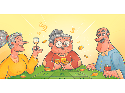Granny Takes All! cartoon casino character character design drawing game grandpa granny happy illustration insurance luck medicare medigap old man old woman roulette texture vector winning