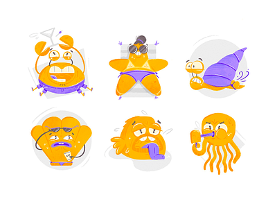 Sweaty Summer Stickers adult cartoon character character design crab drawing fish fun icon icon set illustration ocean octopus set starfish sticker stickers summer texture vector