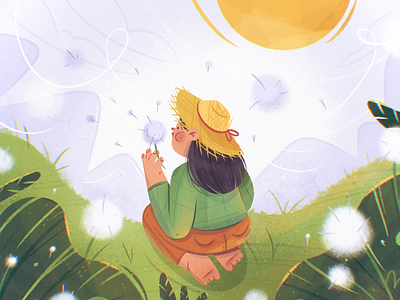 Dandelion character character design cute dandelion drawing flower girl grass hat illustration mountain nature perspective procreate sky sun woman