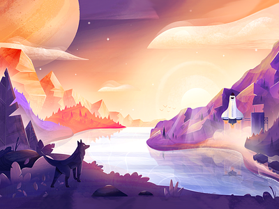 Take Off character crypto drawing fantasy flat illustration landscape military military base nature procreate river rocket ship space sun sunset take off texture wolf
