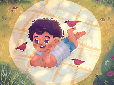 Little dreamer animal bird birds boy character character design child cute drawing fantasy flower forrest illustration nature picnic shading shadow sky texture whimsical