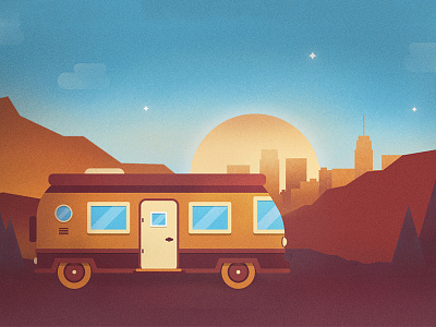 Escape the clutter adventure caravan city drawing grain illustration nomad sunset texture travel urban vector