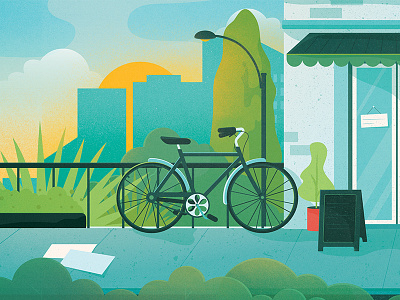 Bike bike building drawing illustration landscape morning rural street urban vector