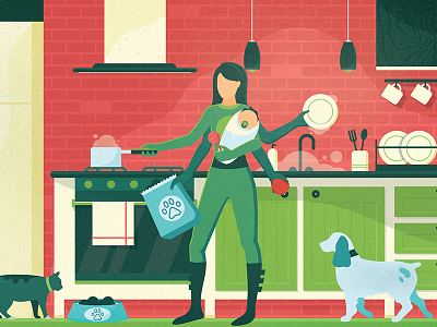 Supermom animals baby cat dog home house housework illustration kitchen mom print superhero