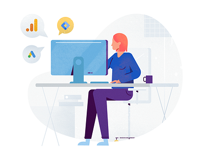 Work Responsibilities character data desk flat girl google google ads icon illustration marketing office spot illustration texture ui ux vector web design woman work working