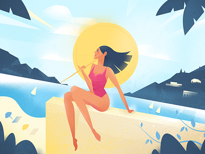 Sun's out beach boat character drawing editorial flat girl holiday illustration mountain nature party sea seaside summer sun sunshine texture vector woman