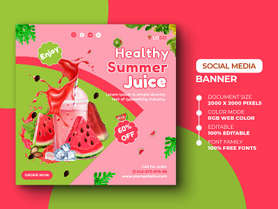 Fruit juice social media post template ads advert advertisement design drinks fruit fruit juice banner instagram instagram post juice marketing media modern psd smoothe social media template