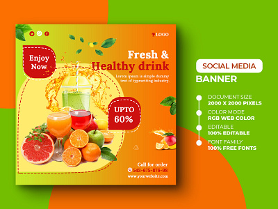 Drinks social media post template ads advert advertise advertisement design drinks instagram instagram post juice juice banner marketing media modern psd social media template