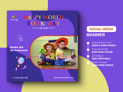World Book Day Social Media Post template ads advert advertisement advertising banner book design knowledge marketing media poster psd social media template world book day