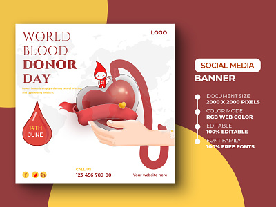 World Blood Donor Day Social Media Or Instagram post 14 june ads advert advertisement banner blood donation blood donor day design donate donor instagram instagram post marketing media psd social media social post template