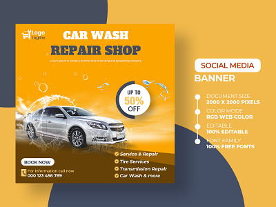 Car Wash & Repairing Service For Social Media Post ads advert advertisement advertising automobile banner car repair service car wash design flyer marketing media poster psd repair social media template