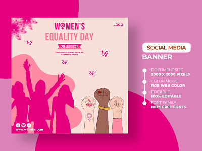 Women's Equality Day For Web Banner or Social Media Post 26 august ads advert advertisement banner design equality flyer marketing media post poster psd social media template women womens equality day