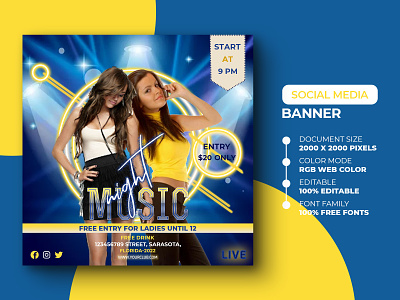 Music Night Party For Social Media Post Template ads advert advertisement banner club design enjoyment event marketing media music music night party poster psd social media template web