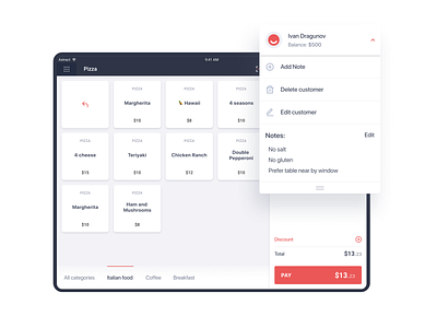 Point of sale (POS) App. Customer Actions actions bill check clean customer figma ios ipad items notes pad point of sale pos red ui